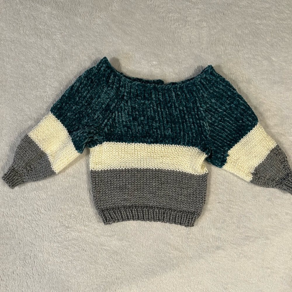 Raglan Hand Knit Teal Cream Gray Sweater 9-12 months